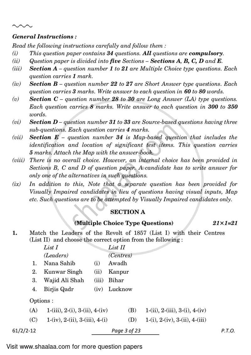 History 2023-2024 - CBSE 12th - Class 12 - CBSE (Central Board of Secondary Education) question paper with PDF download