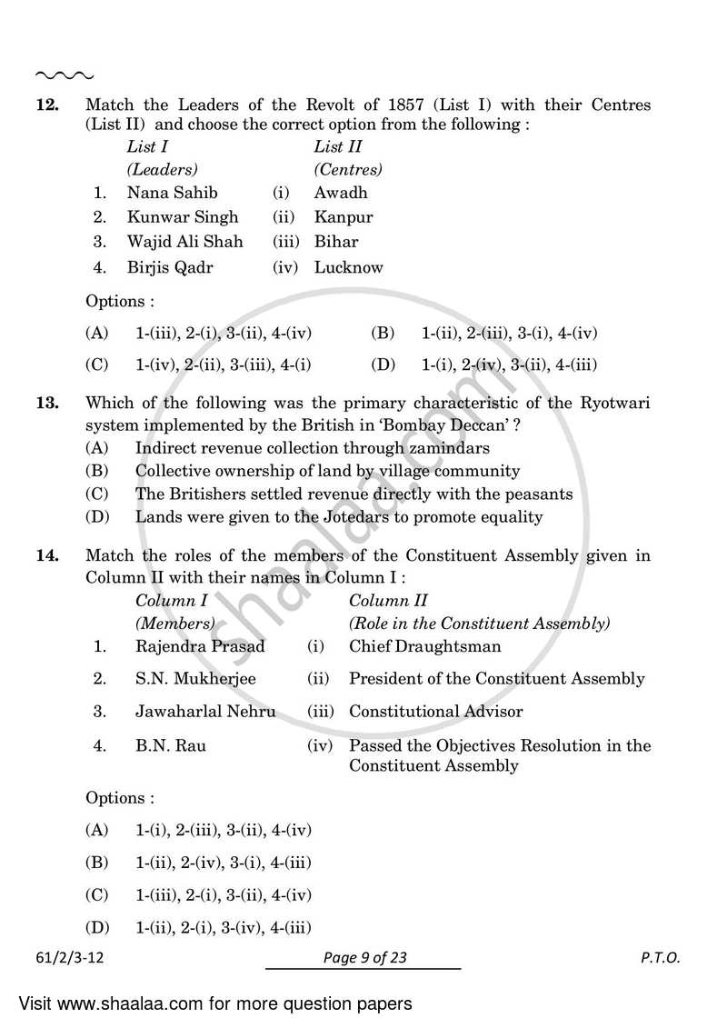 History 2023-2024 - CBSE 12th - Class 12 - CBSE (Central Board of Secondary Education) question paper with PDF download