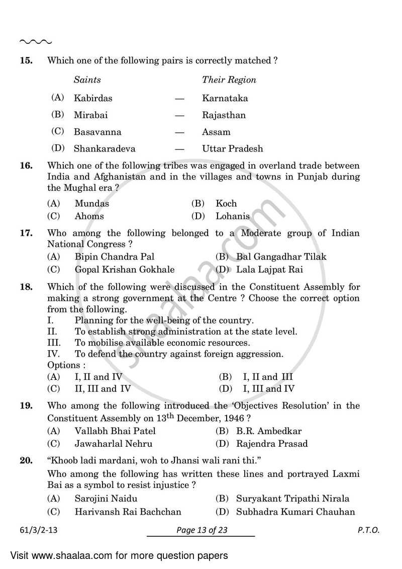 History 2023-2024 - CBSE 12th - Class 12 - CBSE (Central Board of Secondary Education) question paper with PDF download
