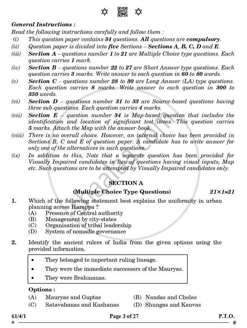 History 2024-2025 - CBSE 12th - Class 12 - CBSE (Central Board of Secondary Education) question paper with PDF download
