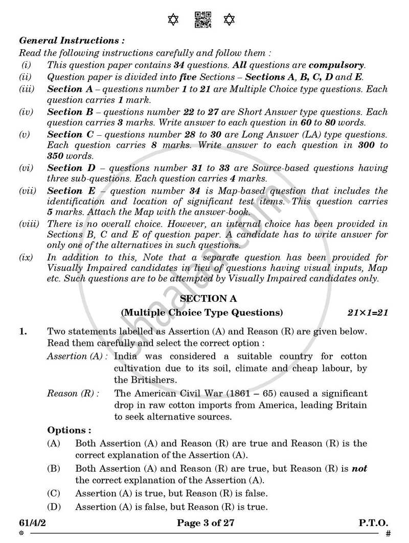 History 2024-2025 - CBSE 12th - Class 12 - CBSE (Central Board of Secondary Education) question paper with PDF download