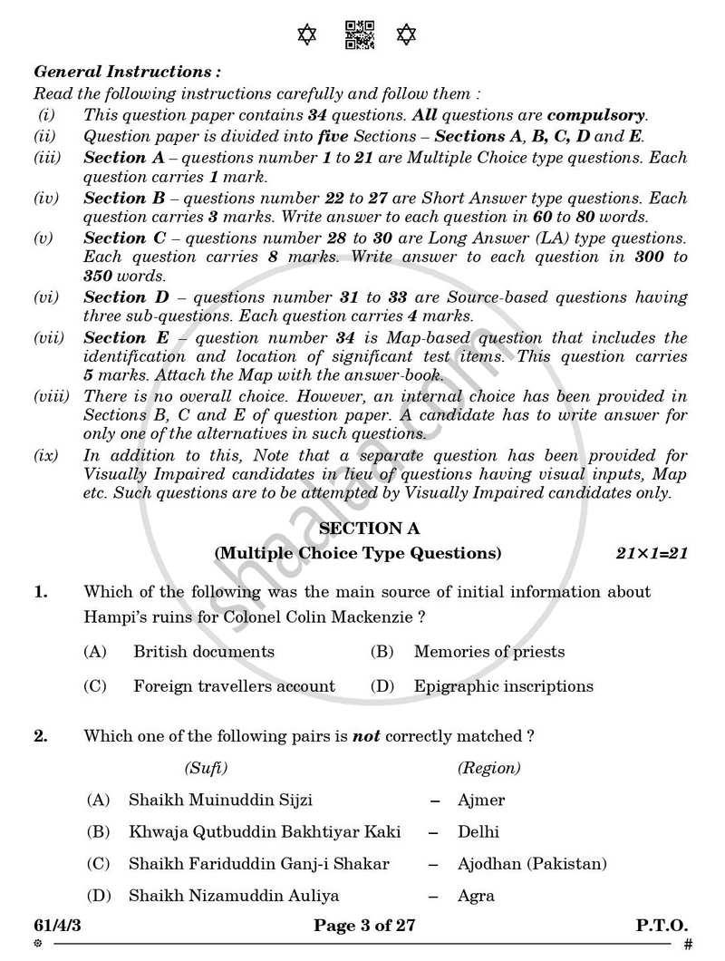 History 2024-2025 - CBSE 12th - Class 12 - CBSE (Central Board of Secondary Education) question paper with PDF download