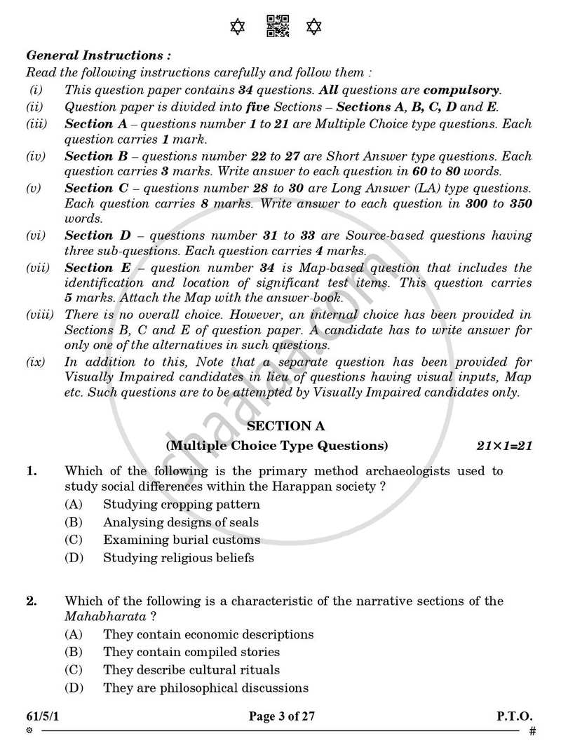 History 2024-2025 - CBSE 12th - Class 12 - CBSE (Central Board of Secondary Education) question paper with PDF download