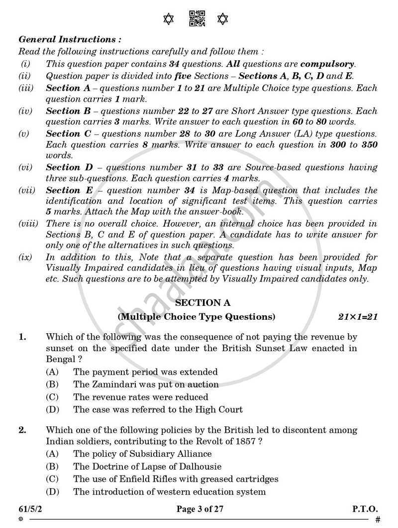 History 2024-2025 - CBSE 12th - Class 12 - CBSE (Central Board of Secondary Education) question paper with PDF download