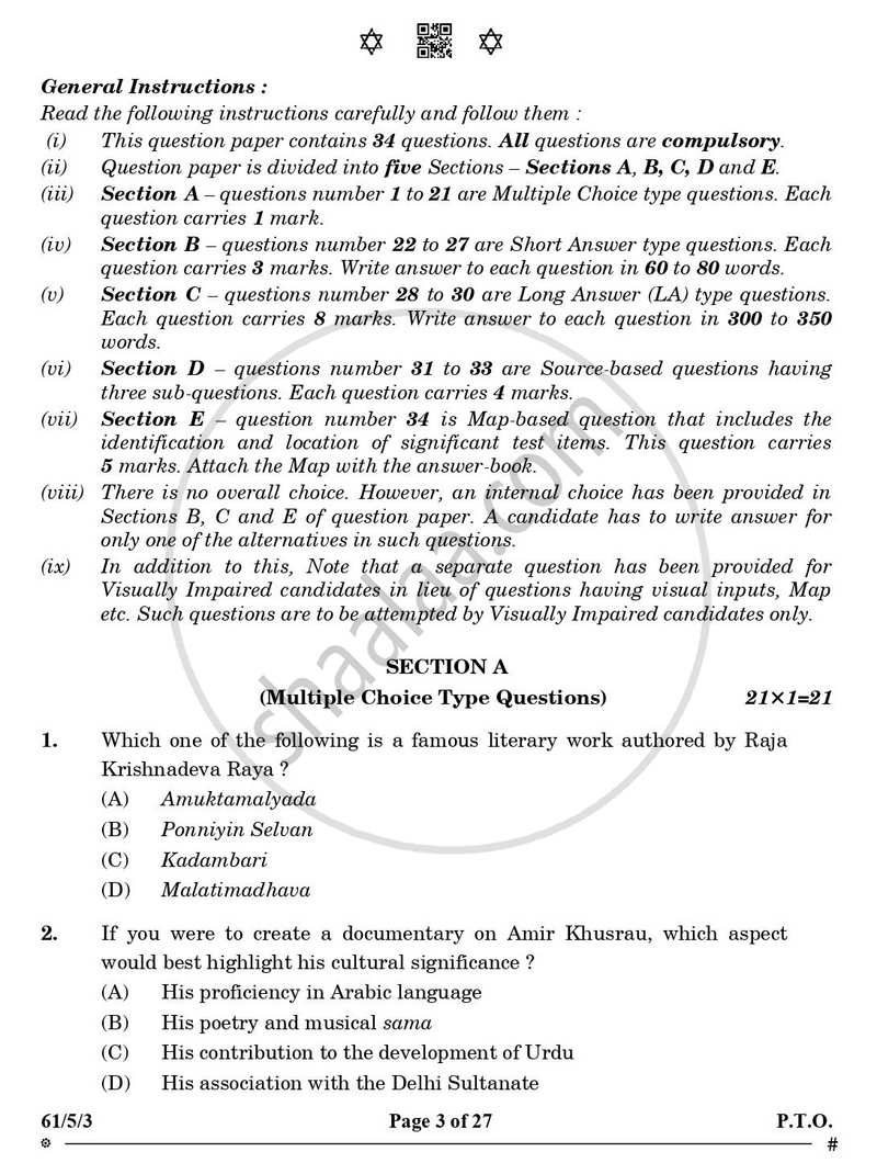 History 2024-2025 - CBSE 12th - Class 12 - CBSE (Central Board of Secondary Education) question paper with PDF download