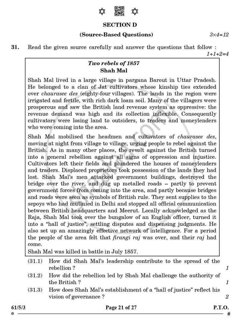 History 2024-2025 - CBSE 12th - Class 12 - CBSE (Central Board of Secondary Education) question paper with PDF download