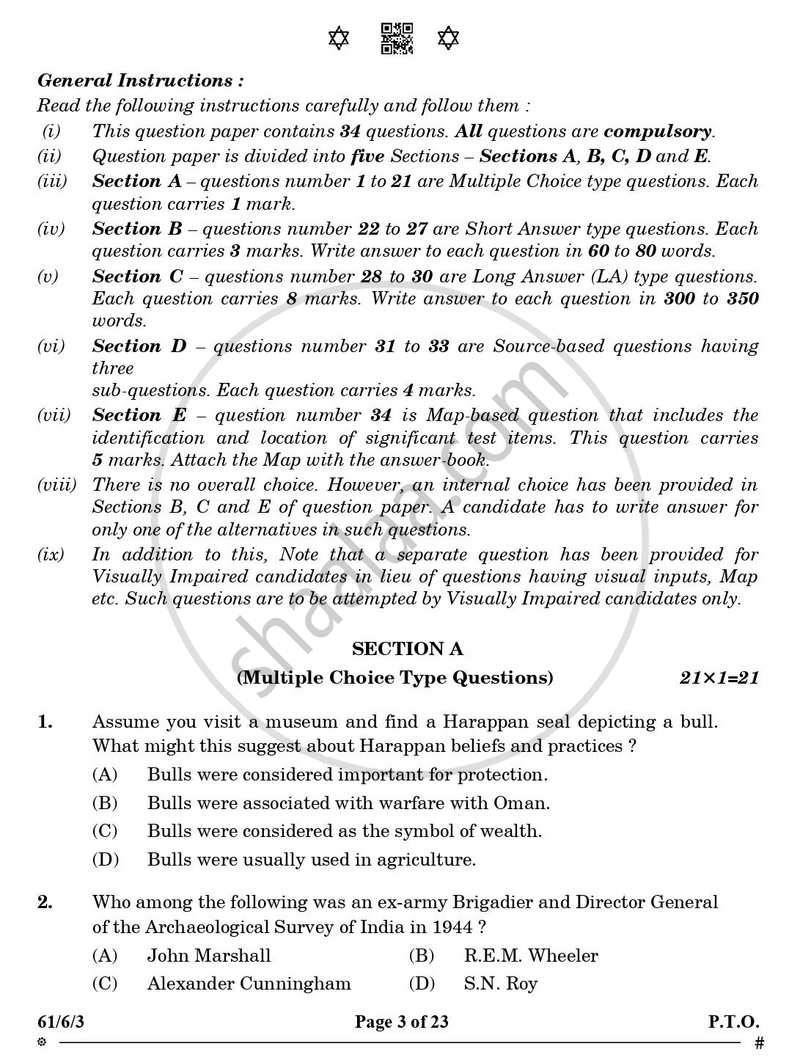 History 2024-2025 - CBSE 12th - Class 12 - CBSE (Central Board of Secondary Education) question paper with PDF download