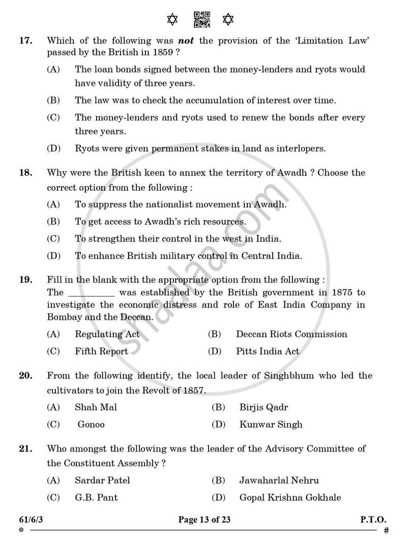 History 2024-2025 - CBSE 12th - Class 12 - CBSE (Central Board of Secondary Education) question paper with PDF download