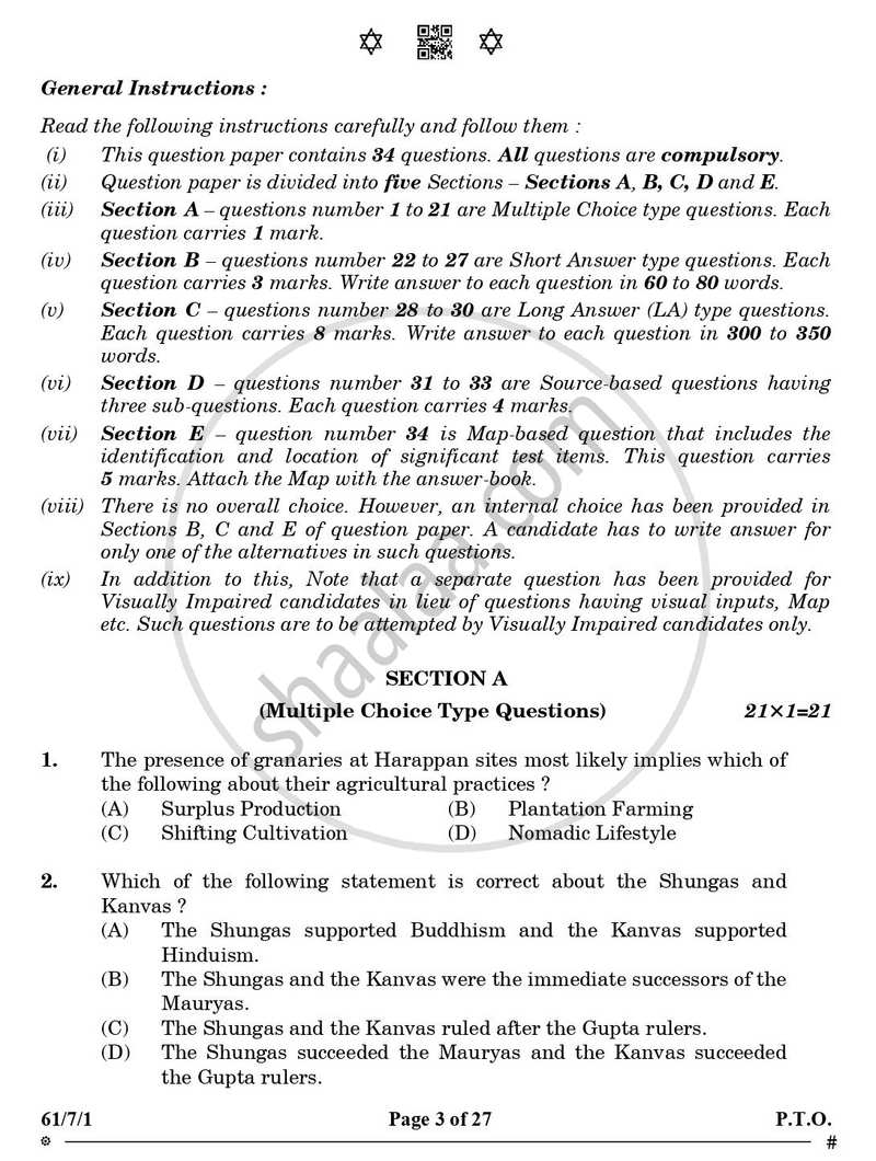History 2024-2025 - CBSE 12th - Class 12 - CBSE (Central Board of Secondary Education) question paper with PDF download