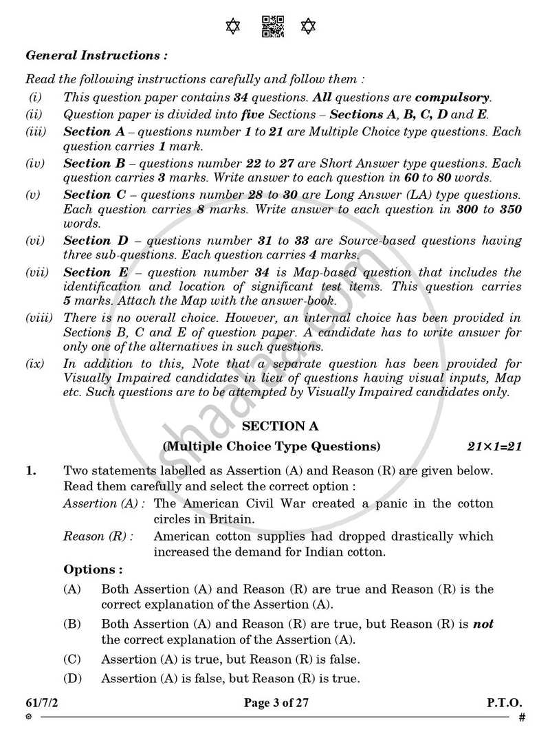 History 2024-2025 - CBSE 12th - Class 12 - CBSE (Central Board of Secondary Education) question paper with PDF download