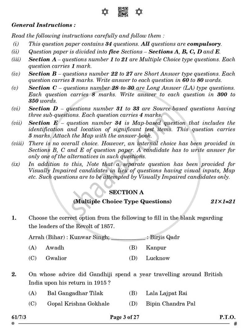 History 2024-2025 - CBSE 12th - Class 12 - CBSE (Central Board of Secondary Education) question paper with PDF download