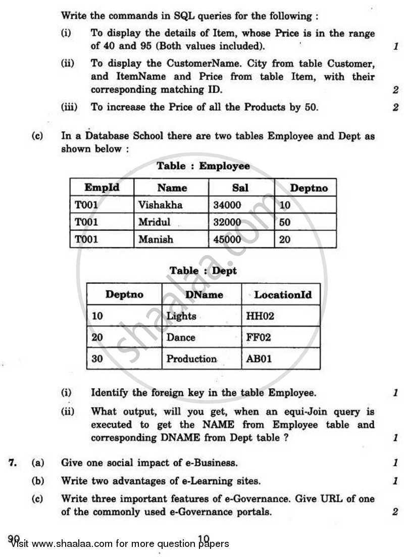 Informatics Practices 2010-2011 - CBSE 12th - Class 12 - CBSE (Central Board of Secondary Education) question paper with PDF download