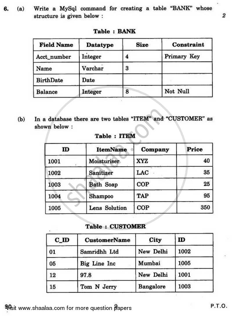 Informatics Practices 2010-2011 - CBSE 12th - Class 12 - CBSE (Central Board of Secondary Education) question paper with PDF download