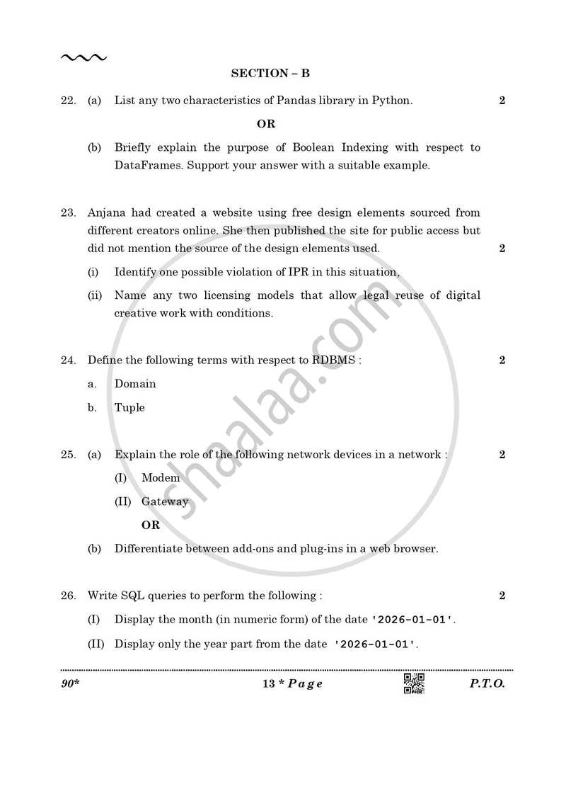 Informatics Practices 2025-2026 - CBSE 12th - Class 12 - CBSE (Central Board of Secondary Education) question paper with PDF download