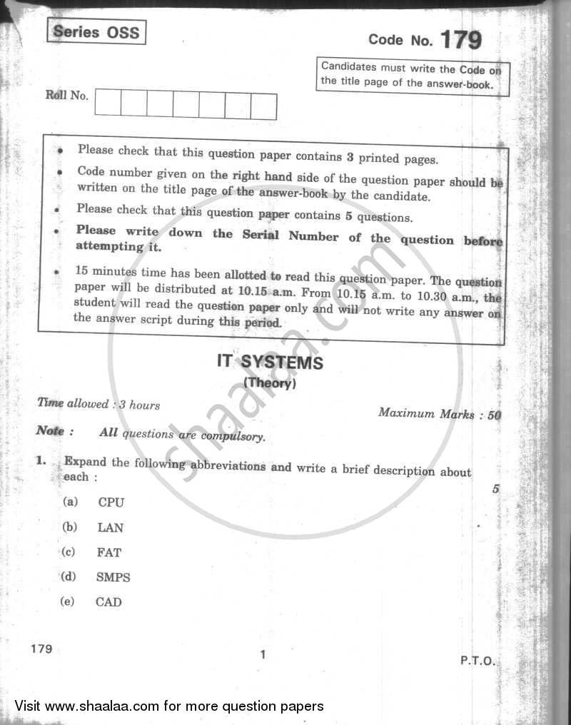 IT Systems 2009-2010 - CBSE 12th - Class 12 - CBSE (Central Board of Secondary Education) question paper with PDF download