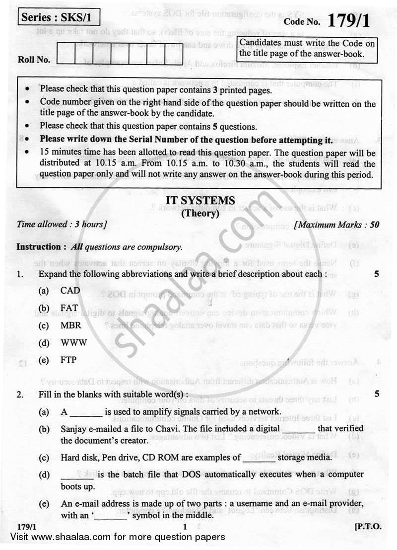 IT Systems 2012-2013 - CBSE 12th - Class 12 - CBSE (Central Board of Secondary Education) question paper with PDF download