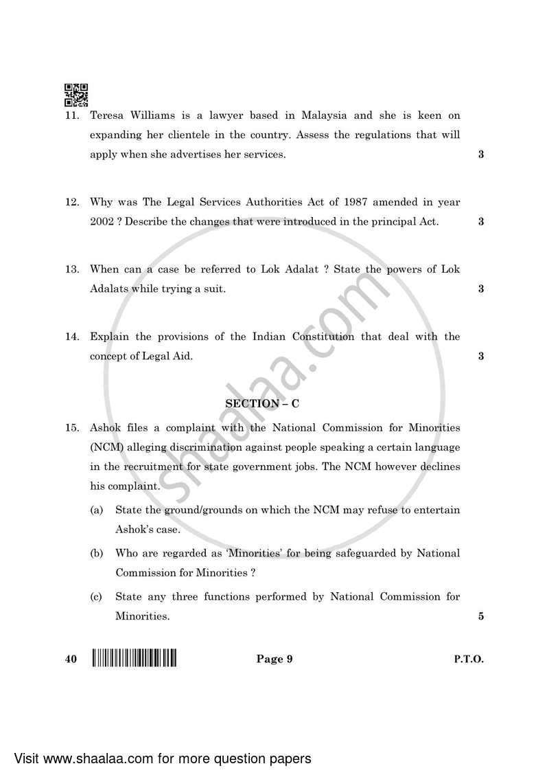 Legal Studies 2021-2022 - CBSE 12th - Class 12 - CBSE (Central Board of Secondary Education) question paper with PDF download