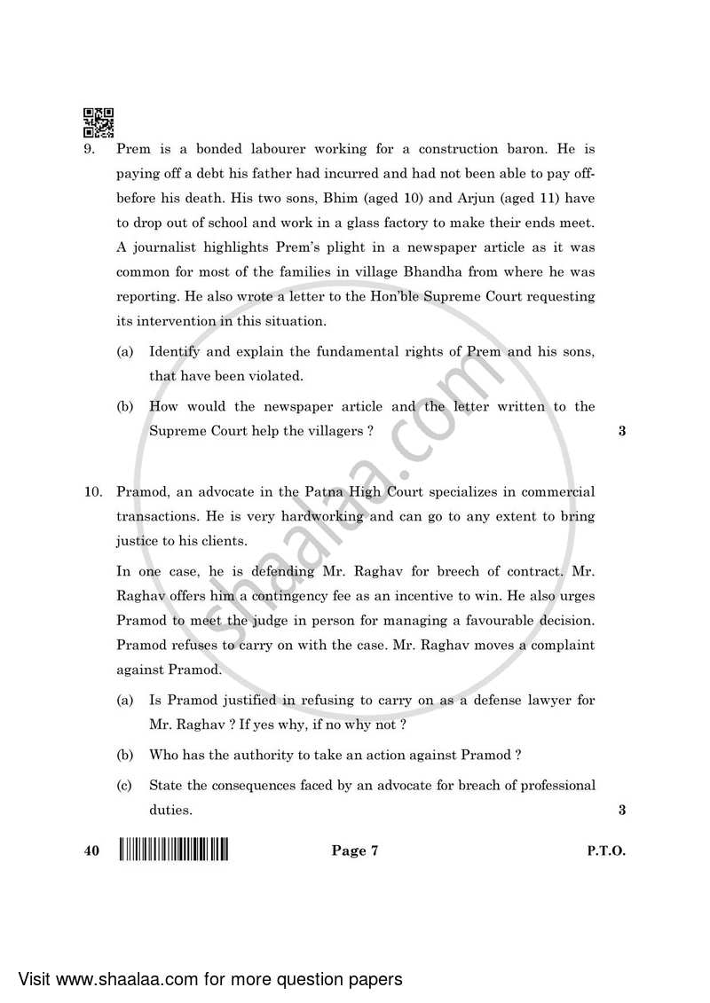 Legal Studies 2021-2022 - CBSE 12th - Class 12 - CBSE (Central Board of Secondary Education) question paper with PDF download