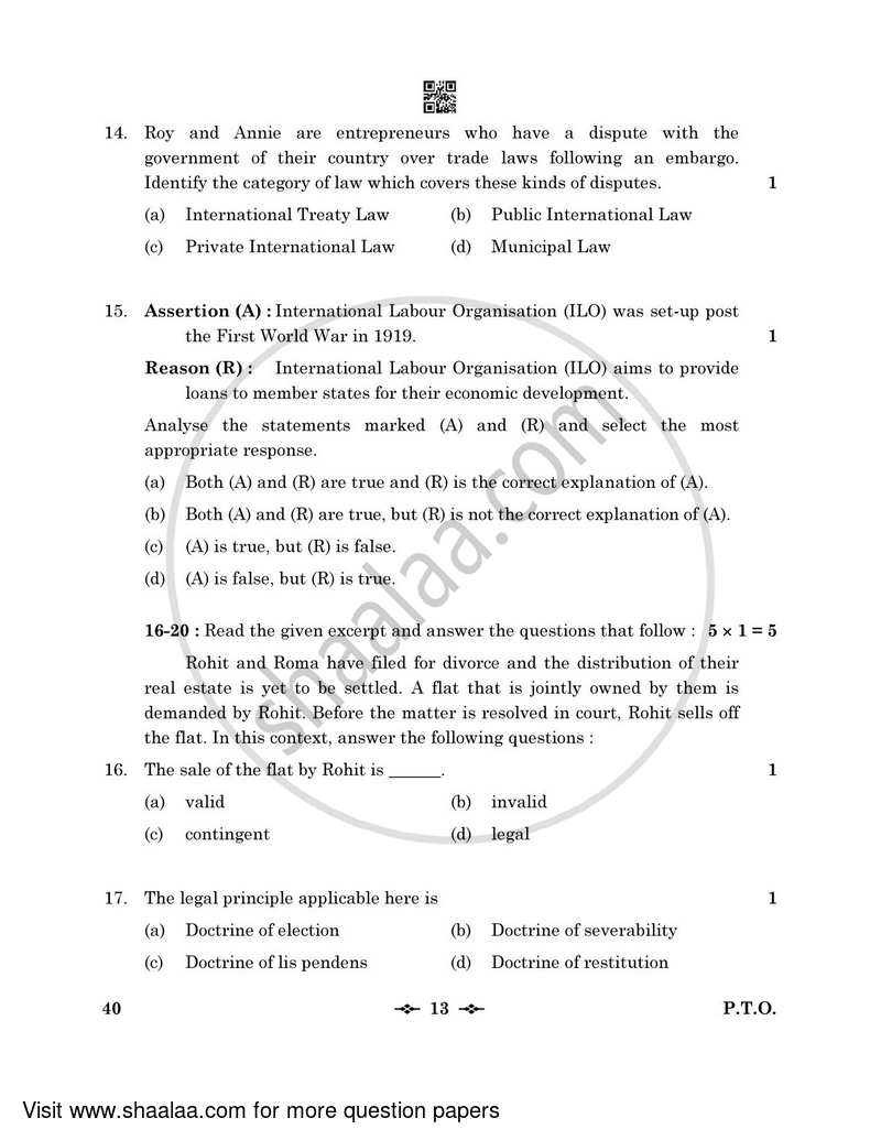 Legal Studies 2022-2023 - CBSE 12th - Class 12 - CBSE (Central Board of Secondary Education) question paper with PDF download