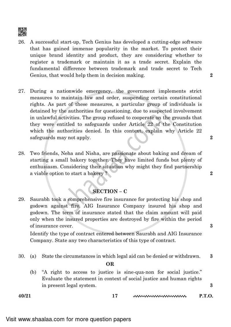 Legal Studies 2023-2024 - CBSE 12th - Class 12 - CBSE (Central Board of Secondary Education) question paper with PDF download