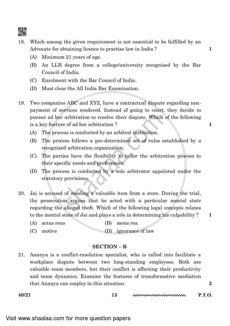 Legal Studies 2023-2024 - CBSE 12th - Class 12 - CBSE (Central Board of Secondary Education) question paper with PDF download