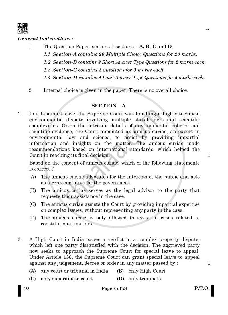 Legal Studies 2024-2025 - CBSE 12th - Class 12 - CBSE (Central Board of Secondary Education) question paper with PDF download