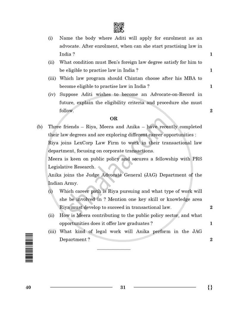 Legal Studies 2025-2026 - CBSE 12th - Class 12 - CBSE (Central Board of Secondary Education) question paper with PDF download