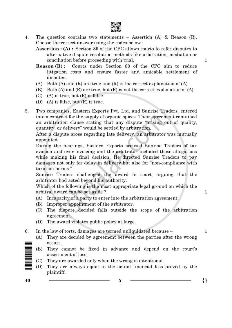 Legal Studies 2025-2026 - CBSE 12th - Class 12 - CBSE (Central Board of Secondary Education) question paper with PDF download