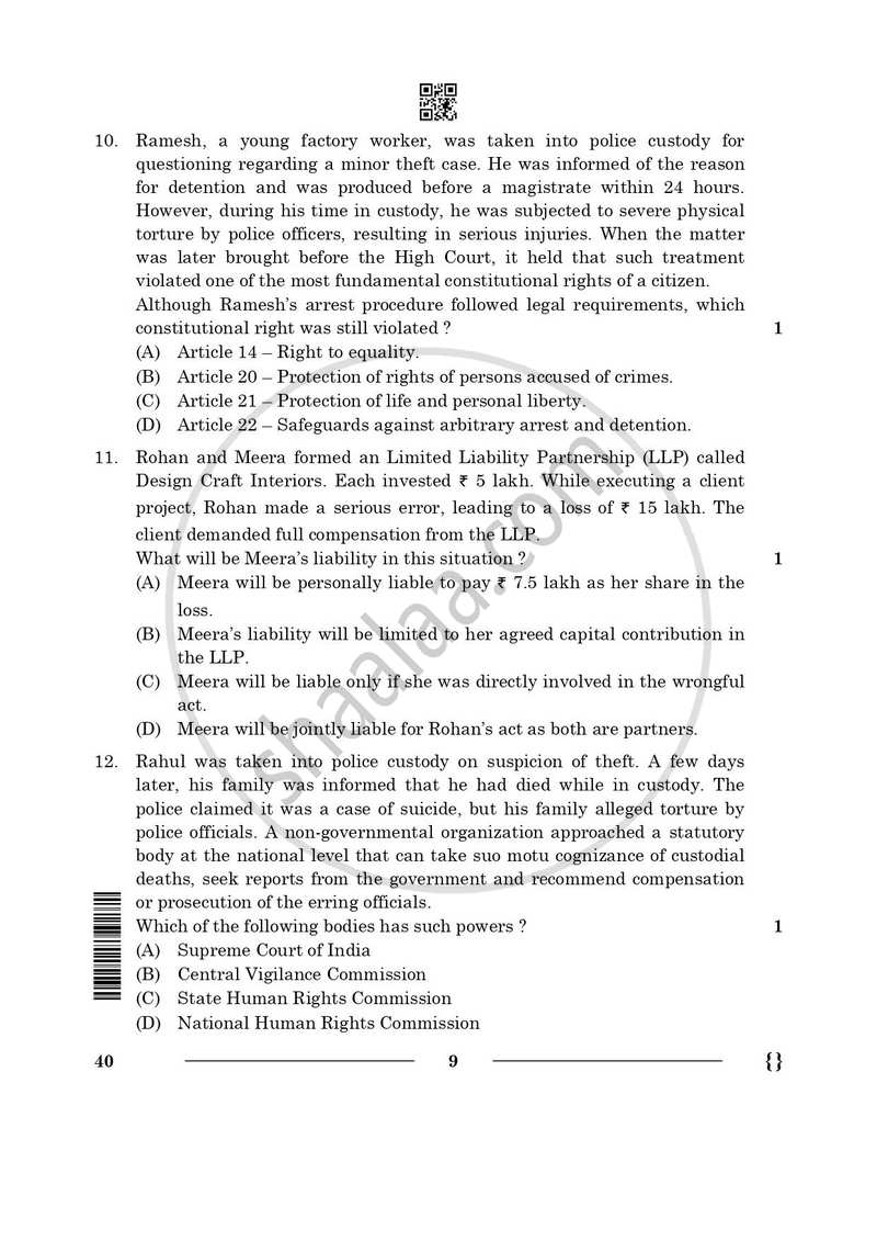 Legal Studies 2025-2026 - CBSE 12th - Class 12 - CBSE (Central Board of Secondary Education) question paper with PDF download