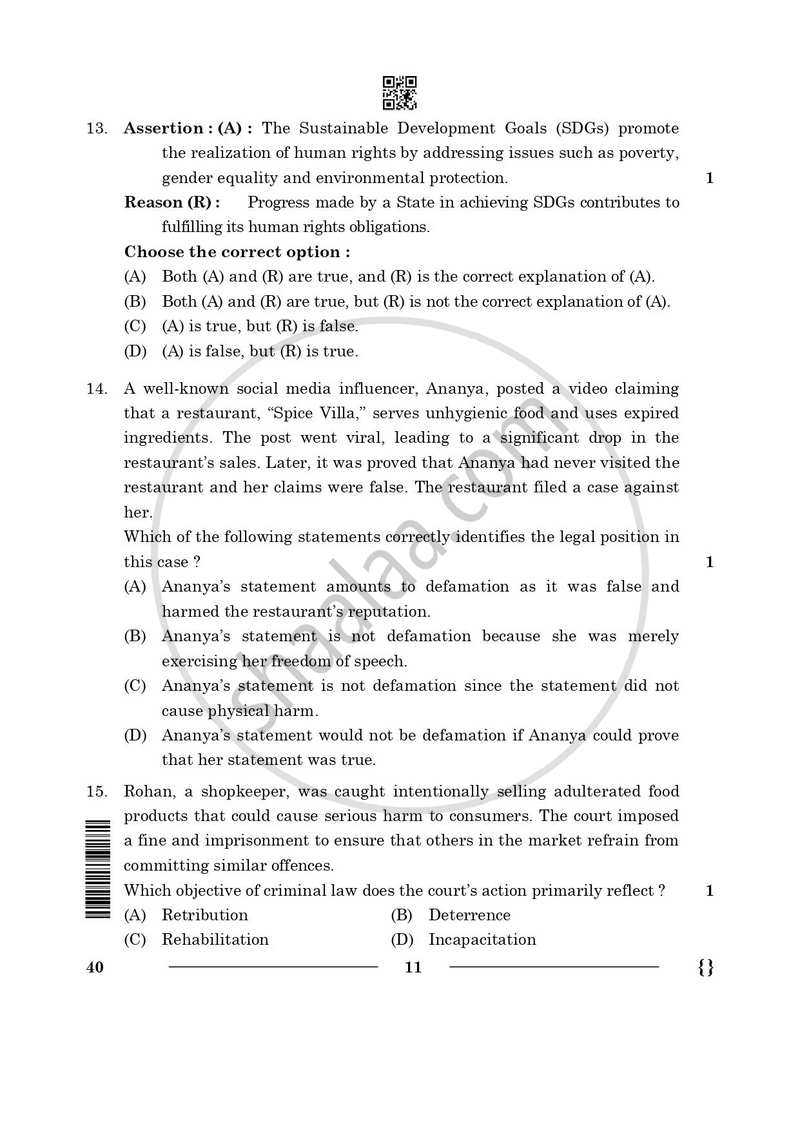 Legal Studies 2025-2026 - CBSE 12th - Class 12 - CBSE (Central Board of Secondary Education) question paper with PDF download