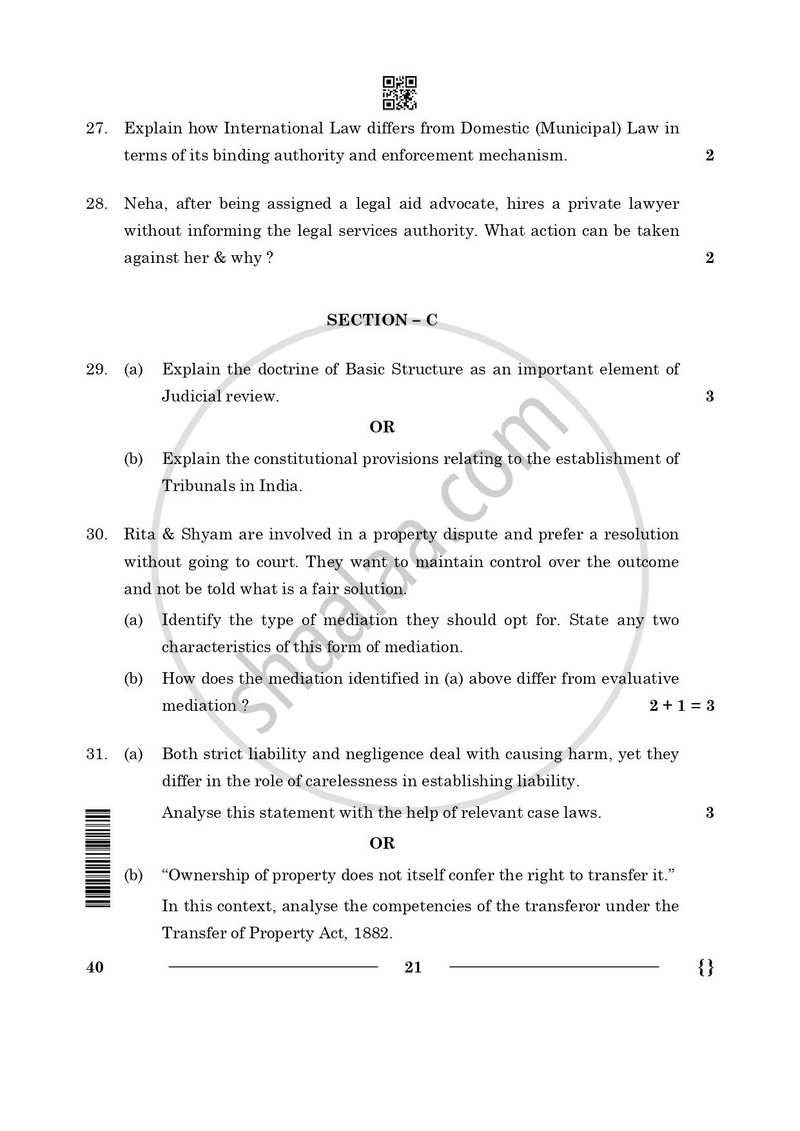 Legal Studies 2025-2026 - CBSE 12th - Class 12 - CBSE (Central Board of Secondary Education) question paper with PDF download