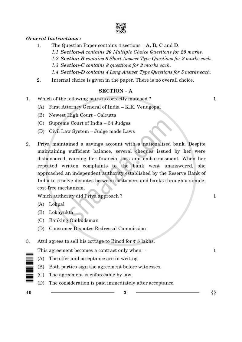 Legal Studies 2025-2026 - CBSE 12th - Class 12 - CBSE (Central Board of Secondary Education) question paper with PDF download