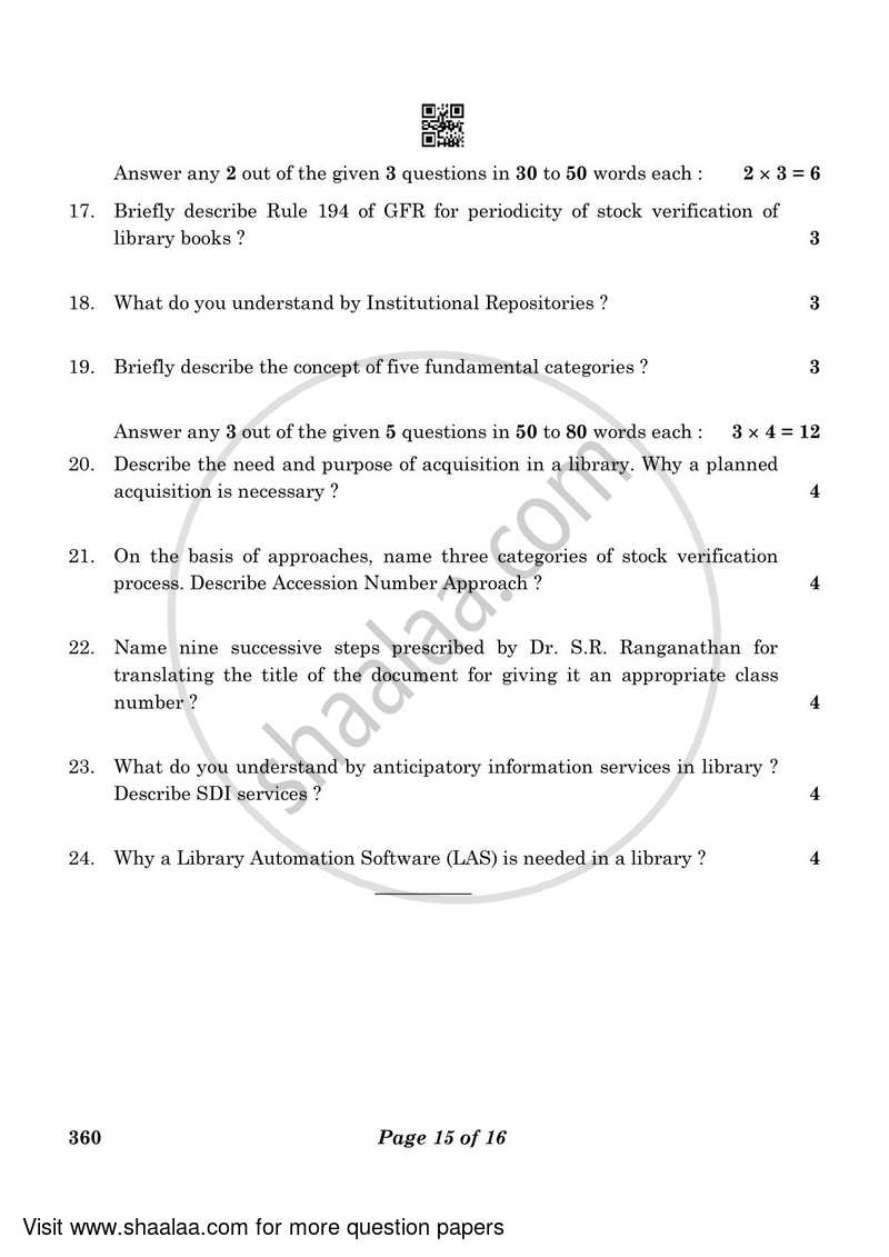 Library and Information Science 2022-2023 - CBSE 12th - Class 12 - CBSE (Central Board of Secondary Education) question paper with PDF download