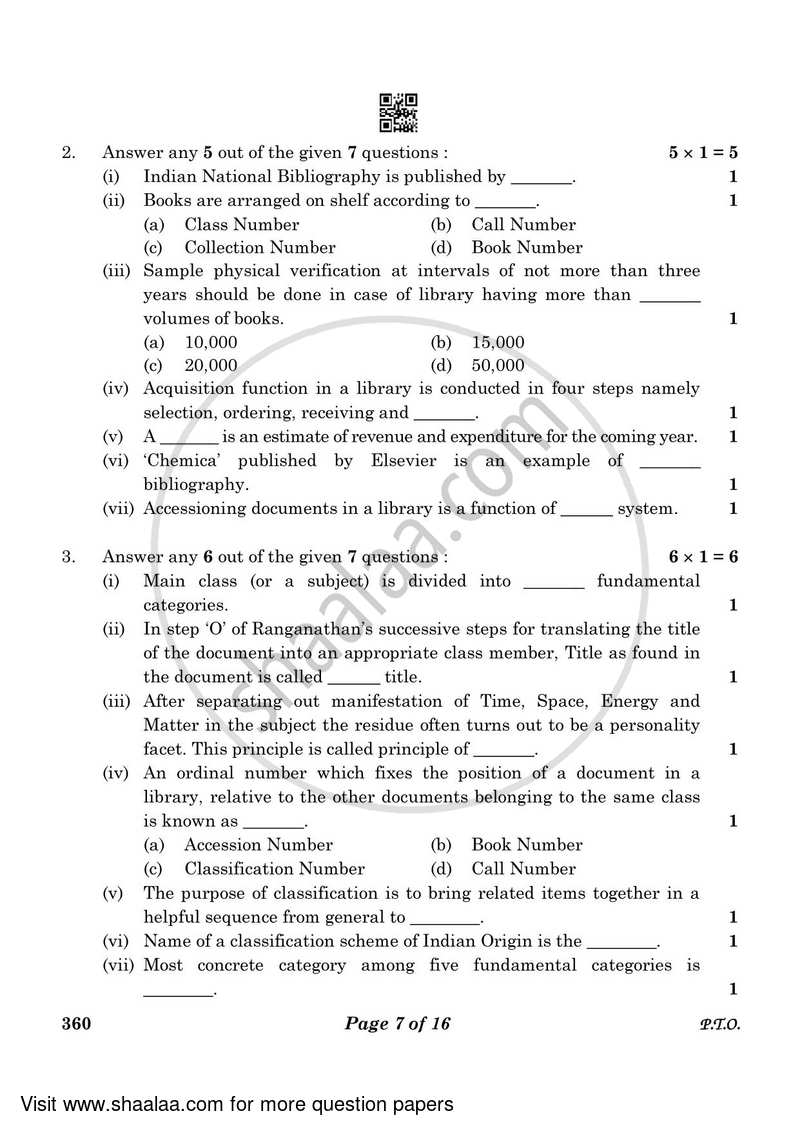 Library and Information Science 2022-2023 - CBSE 12th - Class 12 - CBSE (Central Board of Secondary Education) question paper with PDF download