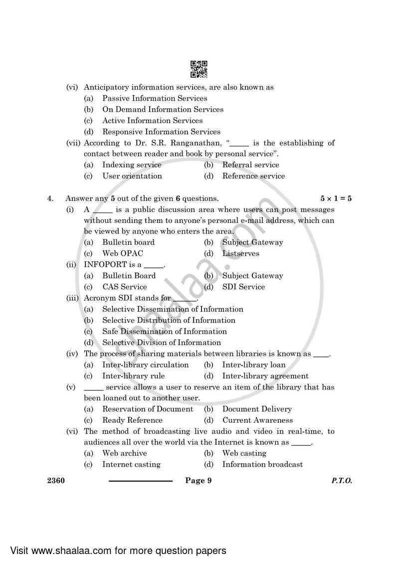 Library and Information Science 2023-2024 - CBSE 12th - Class 12 - CBSE (Central Board of Secondary Education) question paper with PDF download
