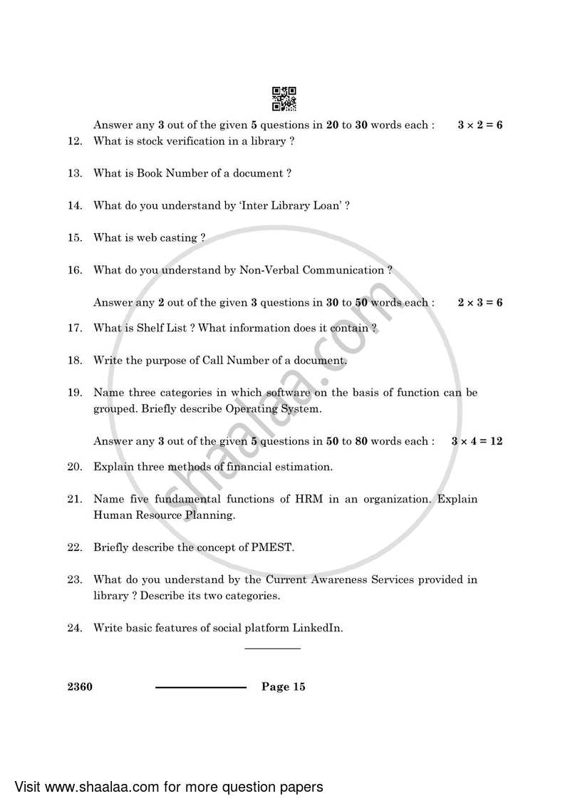 Library and Information Science 2023-2024 - CBSE 12th - Class 12 - CBSE (Central Board of Secondary Education) question paper with PDF download