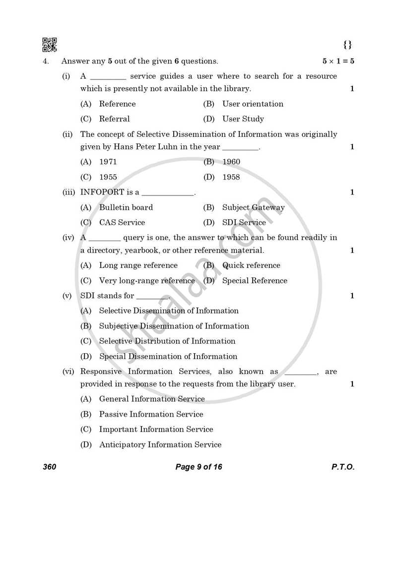 Library and Information Science 2025-2026 - CBSE 12th - Class 12 - CBSE (Central Board of Secondary Education) question paper with PDF download
