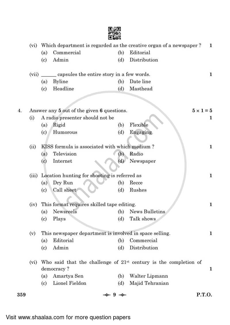 Mass Media Studies 2022-2023 - CBSE 12th - Class 12 - CBSE (Central Board of Secondary Education) question paper with PDF download
