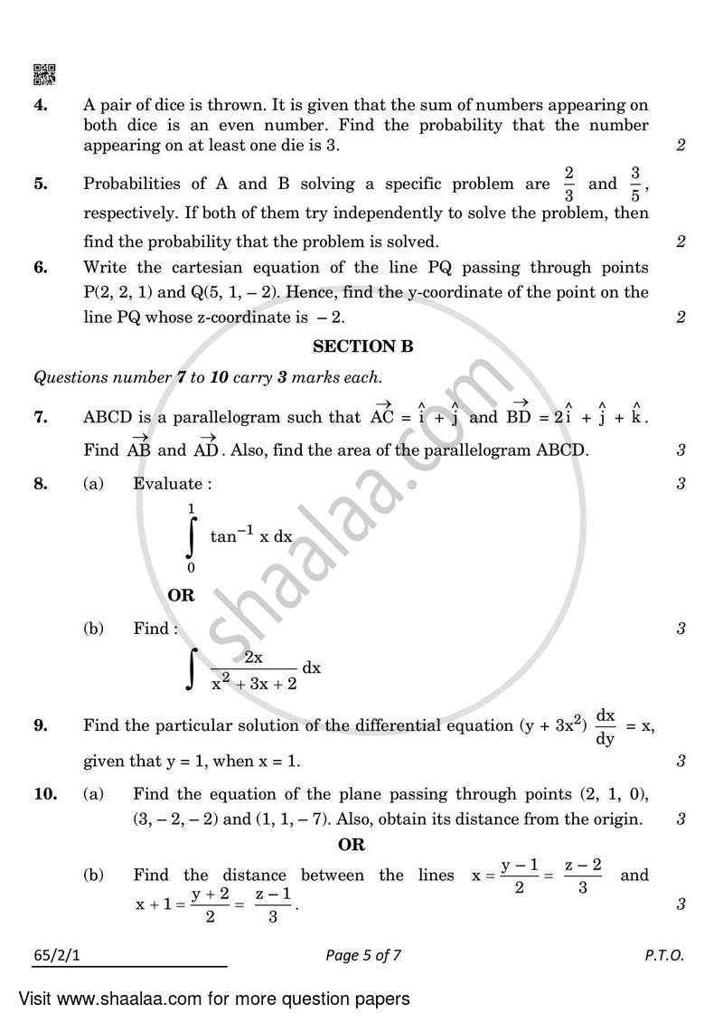 Mathematics 2021-2022 - CBSE 12th - Class 12 - CBSE (Central Board of Secondary Education) question paper with PDF download