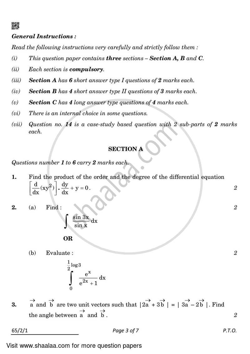 Mathematics 2021-2022 - CBSE 12th - Class 12 - CBSE (Central Board of Secondary Education) question paper with PDF download