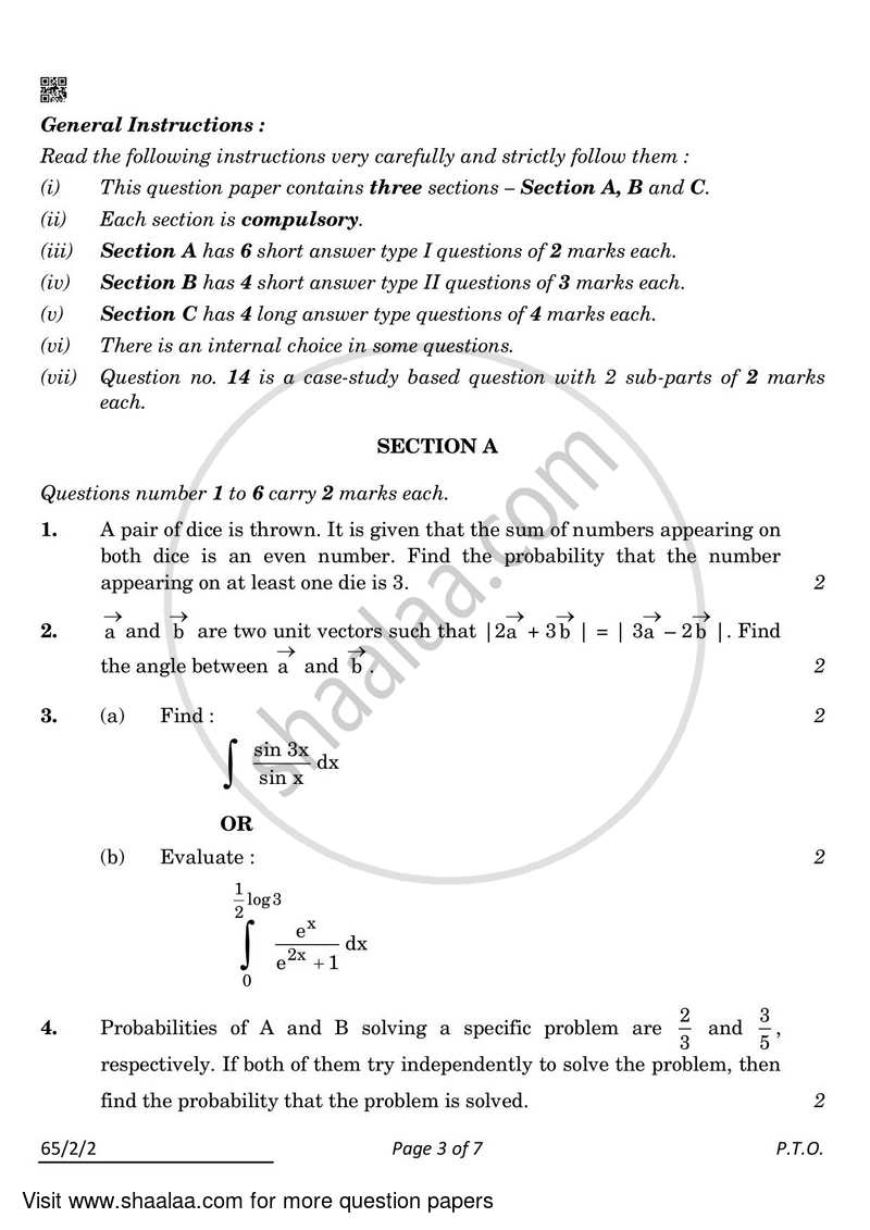 Mathematics 2021-2022 - CBSE 12th - Class 12 - CBSE (Central Board of Secondary Education) question paper with PDF download