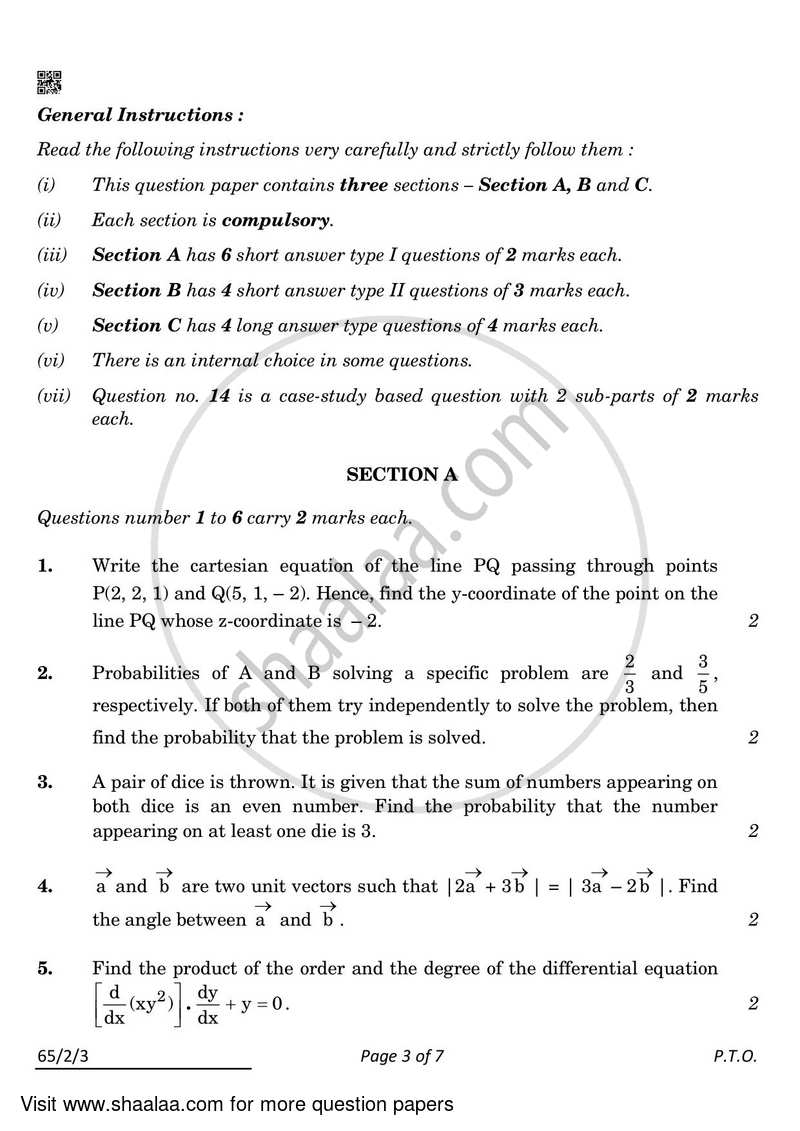 Mathematics 2021-2022 - CBSE 12th - Class 12 - CBSE (Central Board of Secondary Education) question paper with PDF download