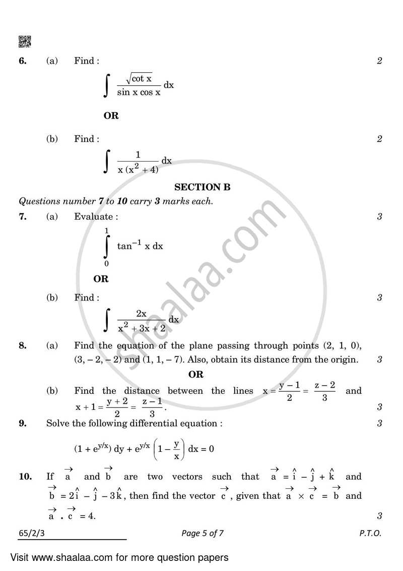 Mathematics 2021-2022 - CBSE 12th - Class 12 - CBSE (Central Board of Secondary Education) question paper with PDF download