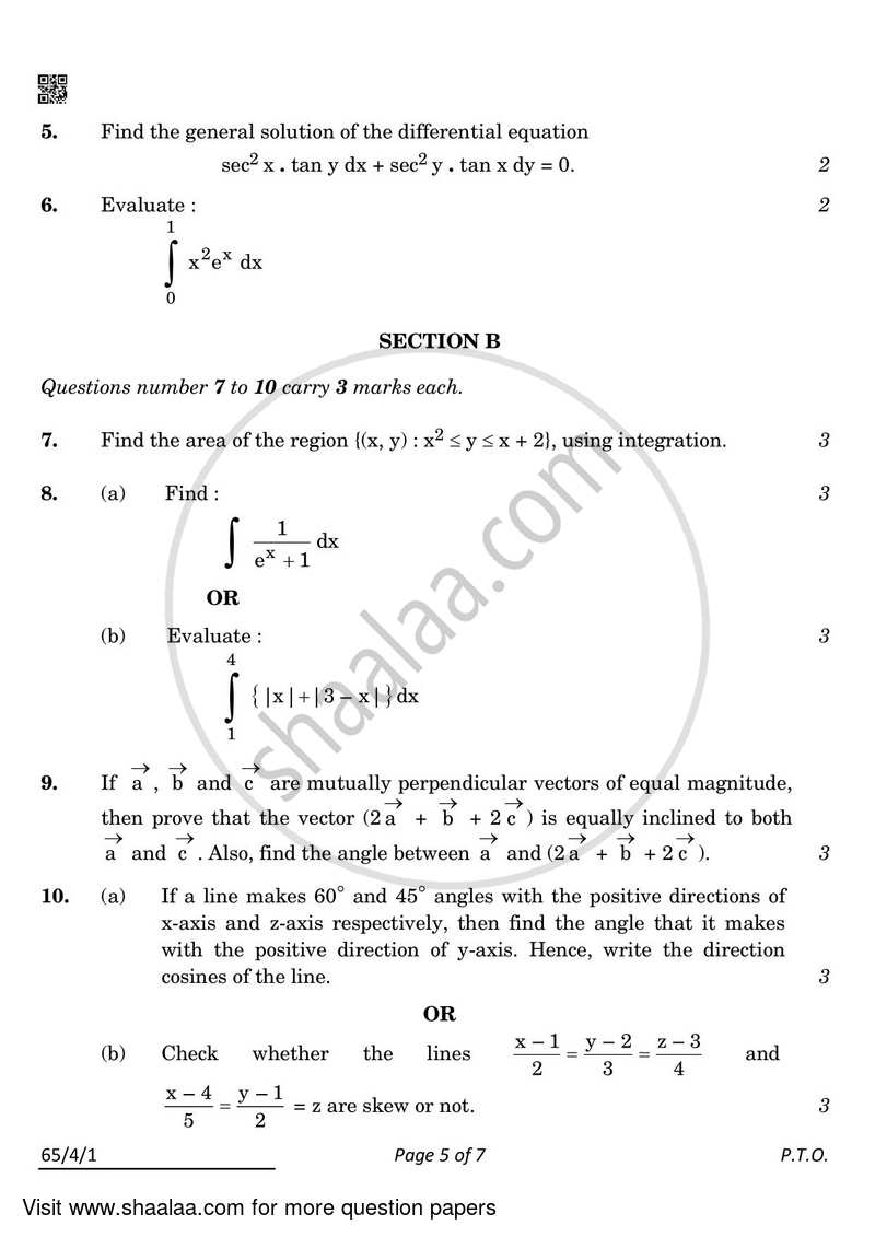 Mathematics 2021-2022 - CBSE 12th - Class 12 - CBSE (Central Board of Secondary Education) question paper with PDF download