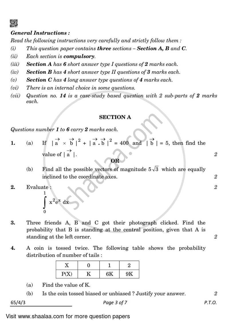 Mathematics 2021-2022 - CBSE 12th - Class 12 - CBSE (Central Board of Secondary Education) question paper with PDF download