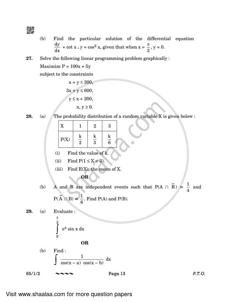 Mathematics 2022-2023 - CBSE 12th - Class 12 - CBSE (Central Board of Secondary Education) question paper with PDF download