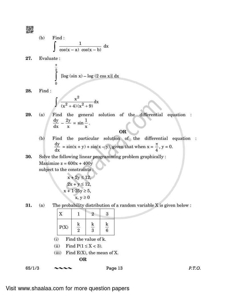 Mathematics 2022-2023 - CBSE 12th - Class 12 - CBSE (Central Board of Secondary Education) question paper with PDF download