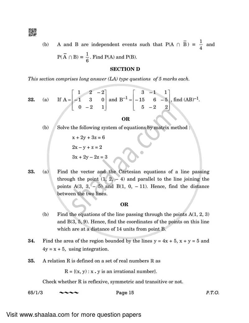 Mathematics 2022-2023 - CBSE 12th - Class 12 - CBSE (Central Board of Secondary Education) question paper with PDF download