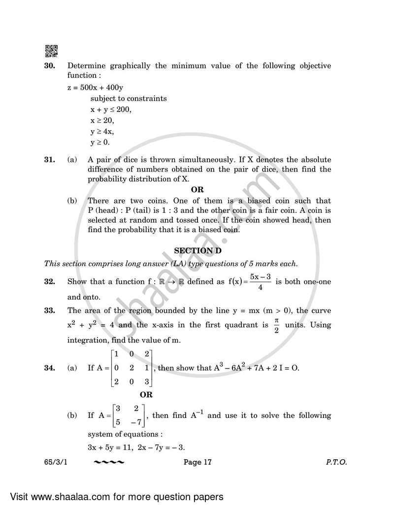 Mathematics 2022-2023 - CBSE 12th - Class 12 - CBSE (Central Board of Secondary Education) question paper with PDF download