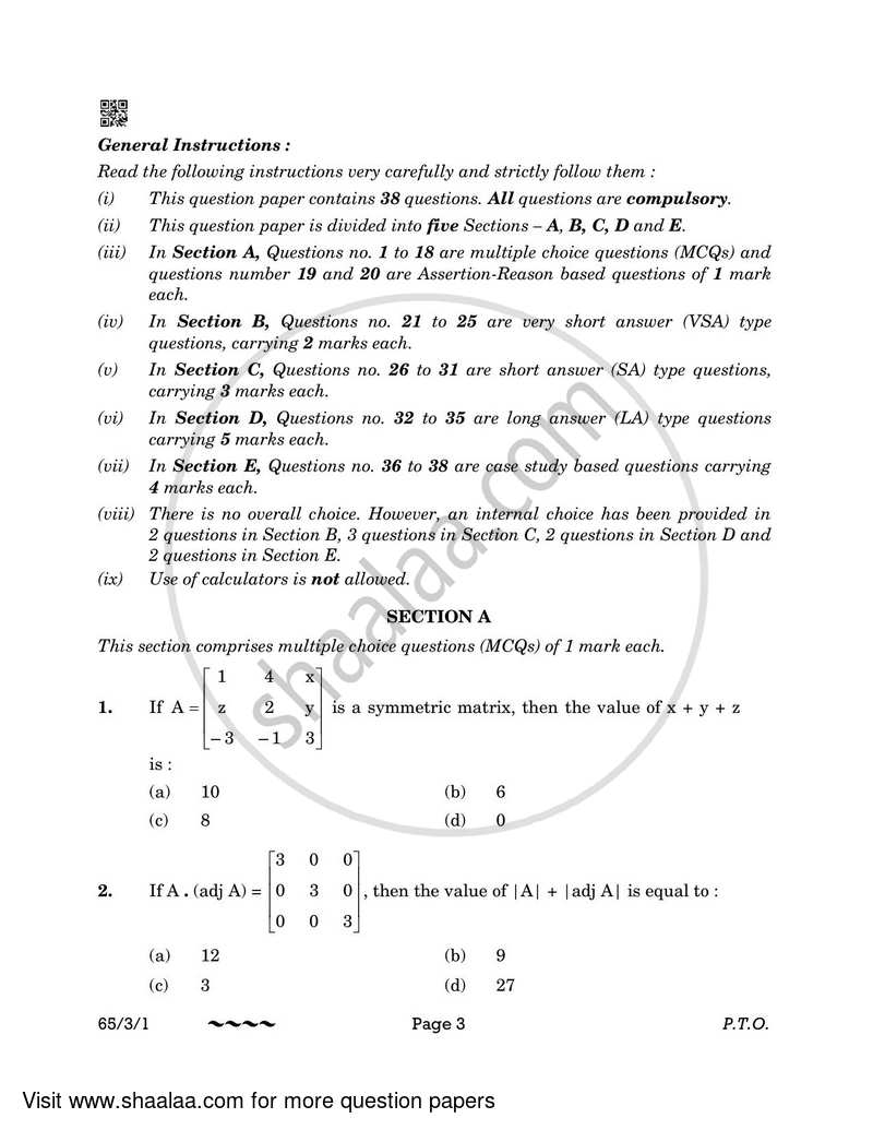 Mathematics 2022-2023 - CBSE 12th - Class 12 - CBSE (Central Board of Secondary Education) question paper with PDF download